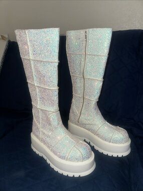 Demonia Sparkle White Glitter Platform Knee Boots - Women's Size 8
